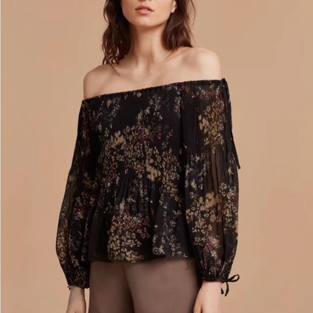 WILFRED Aritzia Black Floral Chiffon TALENCE BLOUSE whimsigoth Off Shoulder